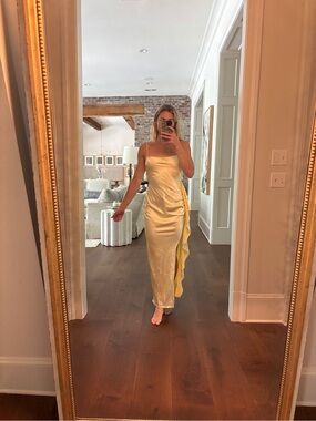 Backless Yellow Satin Slip Dress with Side Ruffle and Slit